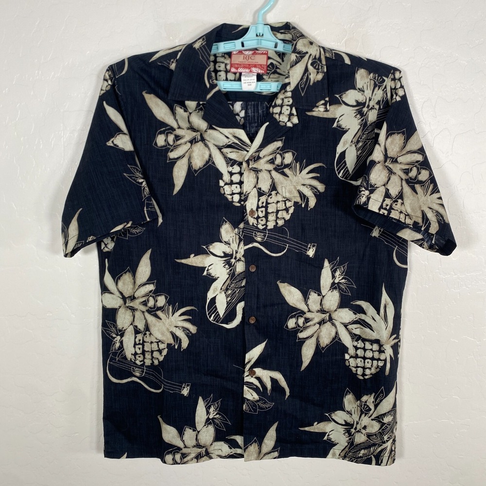 RJC Shirt Mens Large Black Hawaiian Camp Button Up Floral Pineapple Ukulele